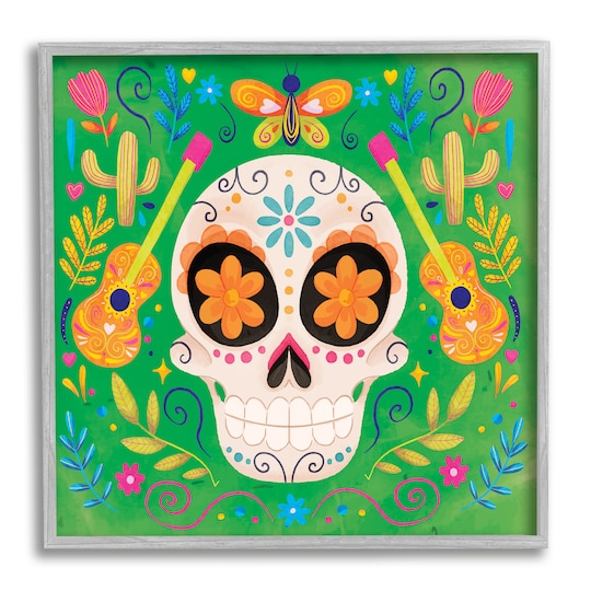 Stupell Industries Floral Day Of Dead Guitar Skull Framed Giclee Art